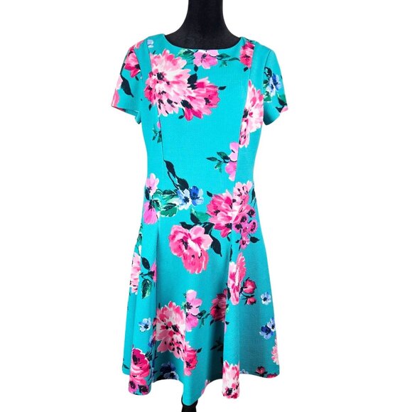 Jessica Howard Fit & Flare Floral Dress Size10P Turquoise Vibrant Casual Work - Picture 3 of 14